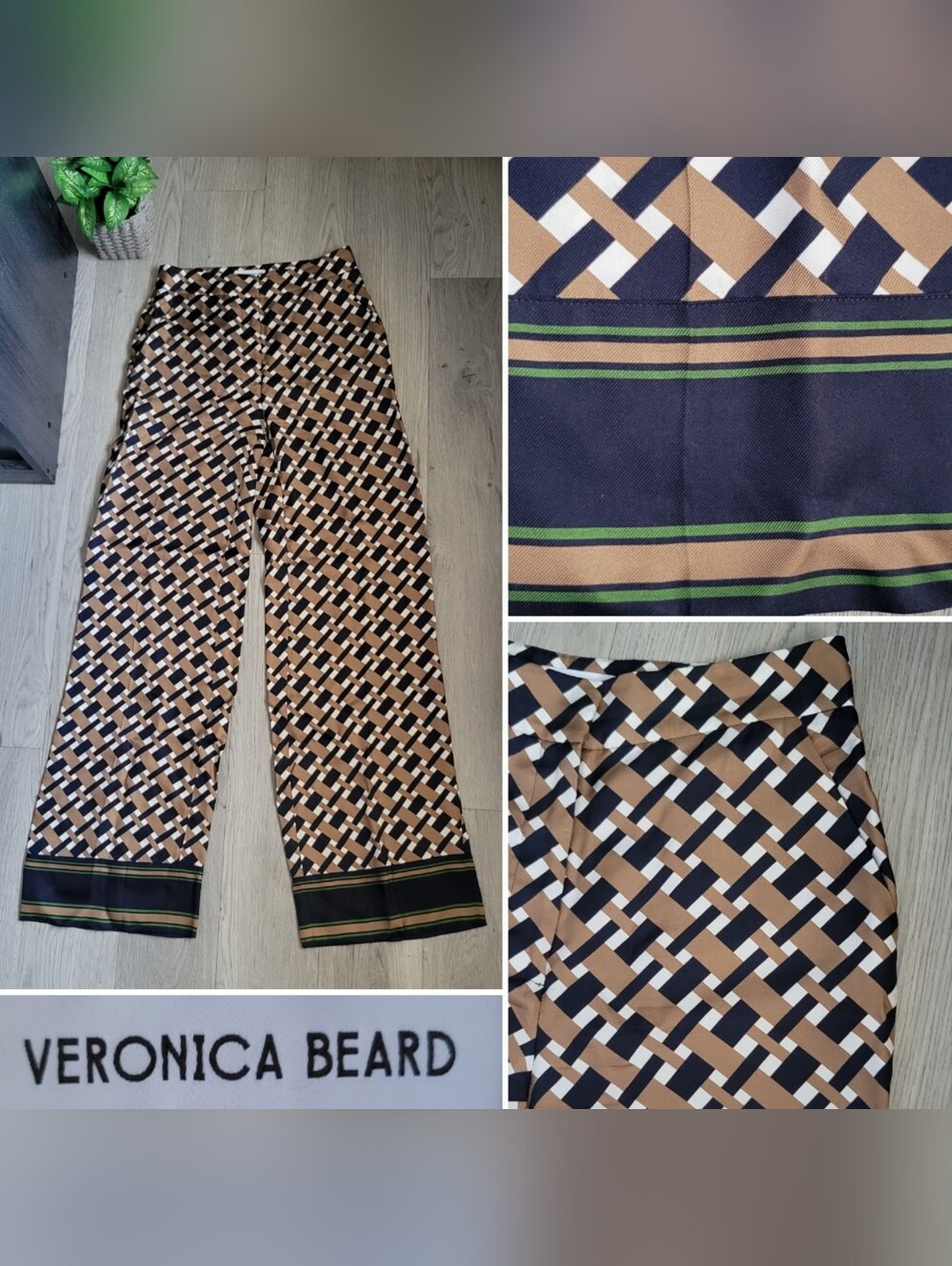 Veronica Beard Edia Pant Silk Blend Geometric Wide-Leg Navy & Acorn Trousers, 4
